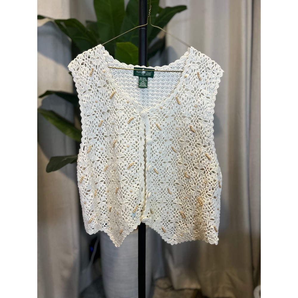 Hunt Club Woman Vintage Crochet Knit Vest Cream Wood Bead Floral 18W Plus Size